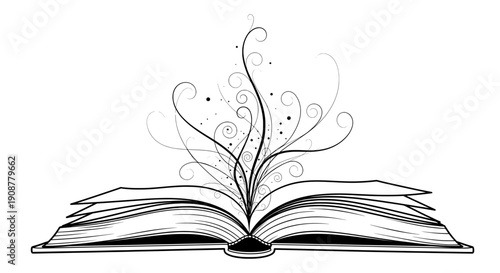 Open book with intricate swirling tree in minimalist line