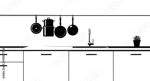 black and white kitchen countertop with hanging pots and potted plant