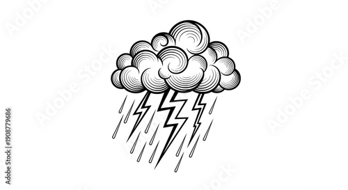 black and white line drawing of storm cloud with lightning bolt
