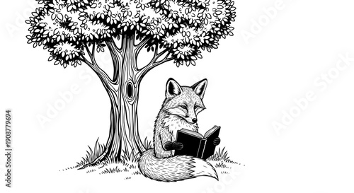 A fox reading a book under a tall tree with leafy canopy