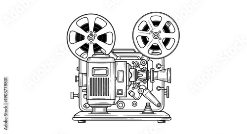 Vintage film projector line drawing with dual reels and control panel