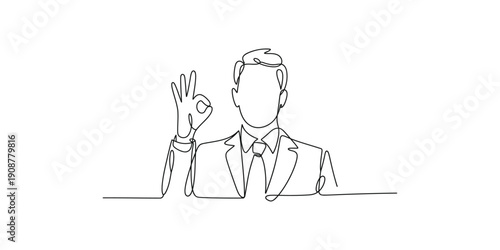Continuous line drawing of a businessman showing an OK sign
