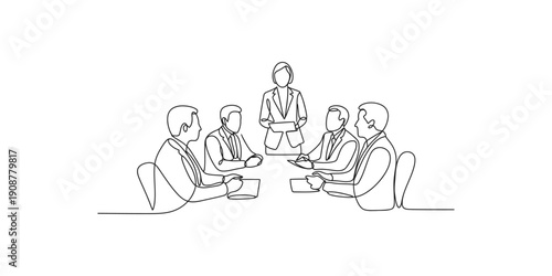 Continuous Line Drawing of a Business Meeting with a Female Leader Presenting
