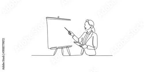 Continuous line drawing of a businesswoman presenting on a whiteboard