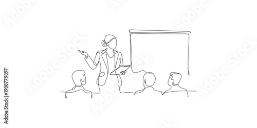 Continuous Line Drawing of a Businesswoman Presenting to an Audience with a Whiteboard