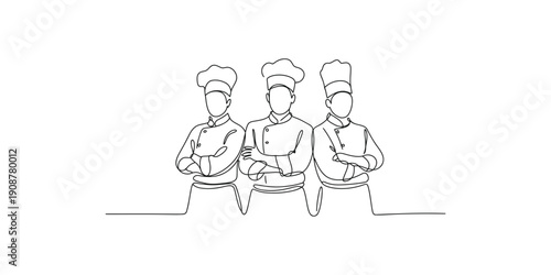 Continuous line drawing of three chefs standing with arms crossed