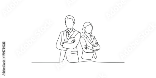 Continuous line drawing of two business professionals standing with arms crossed