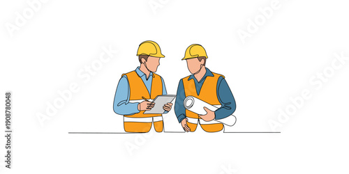 Continuous line drawing of two construction workers holding blueprints and a clipboard
