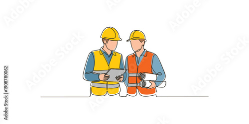 Continuous line drawing of two construction workers holding blueprints and a clipboard