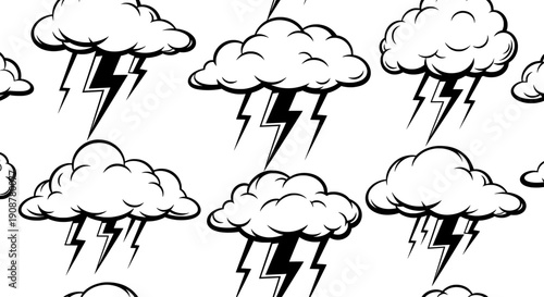 black and white clouds with lightning bolts in repeating overlapping pattern