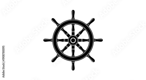 Black and white ship steering wheel with six symmetrical spokes and central compass