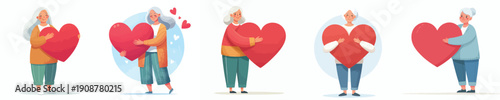 vector grandmother standing hugging red heart symbol