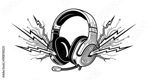 Dynamic black and white headphones with lightning bolt energy burst