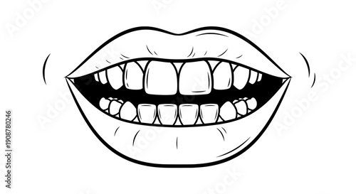 Black and white line drawing of a smiling woman's open mouth with teeth