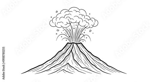 Detailed line drawing of symmetrical volcano eruption with smoke and lava layers