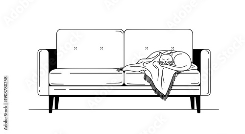 Sleeping cat curled on modern couch with pillows and blanket