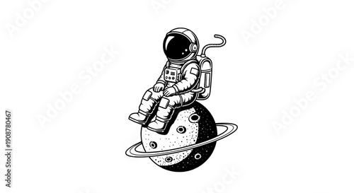 Astronaut sitting on ringed planet holding small device in minimalist style
