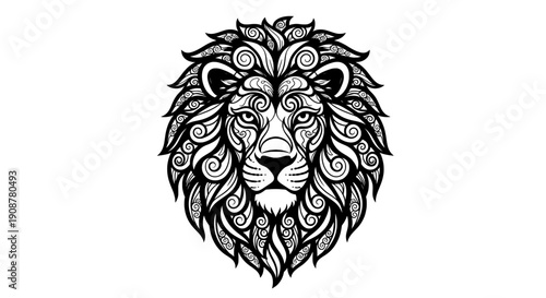 A majestic lion head with swirling tribal mane and closed eyes