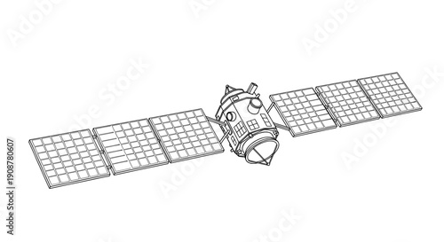 Side view of a cylindrical satellite with solar panels and antennas