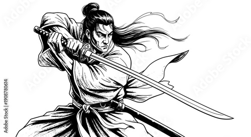 Japanese swordsman in mial s stance with flowing hair and kimono