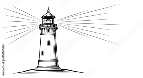 Minimalist black and white line drawing of a slender lighthouse with light rays