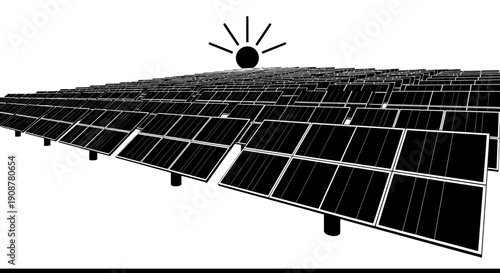 Black and white solar panel array with central sun symbol in minimalist