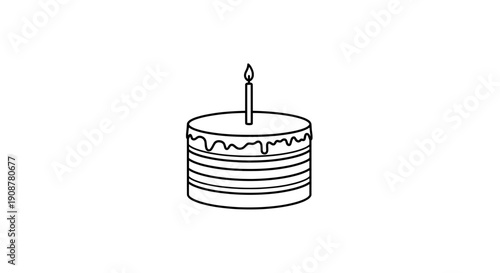 black and white line drawing of birtay cake with single lit candle