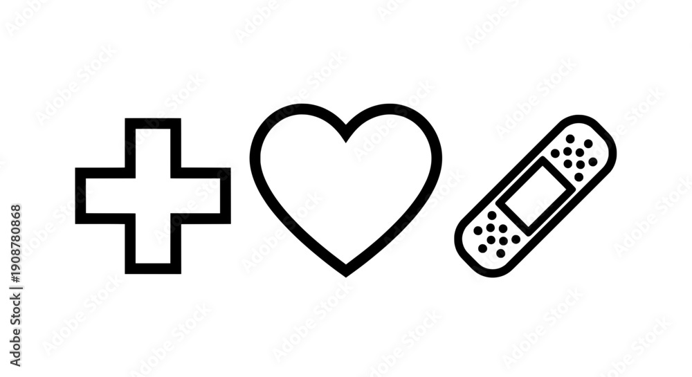 Fototapeta premium Minimalist black and white line drawing of a he with a band aid and plus sign