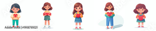 vector little girl standing holding red heart symbol