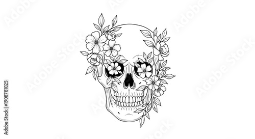 minimalist skull line drawing surrounded by floral wreath in pastel colors