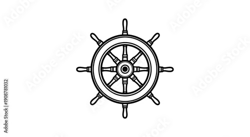 Vintage nautical ship steering wheel with six spokes and central compass