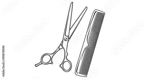 Black and white line drawing of scissors and comb with curved handles
