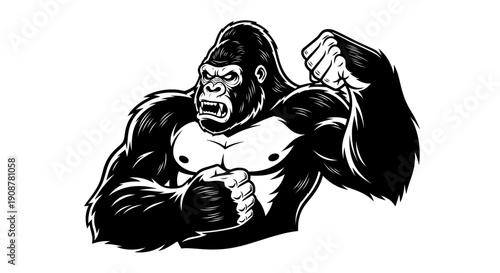 Black and white of a fierce gorilla in a fighting stance