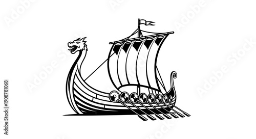Viking longship with dragon figurehead sailing on open water