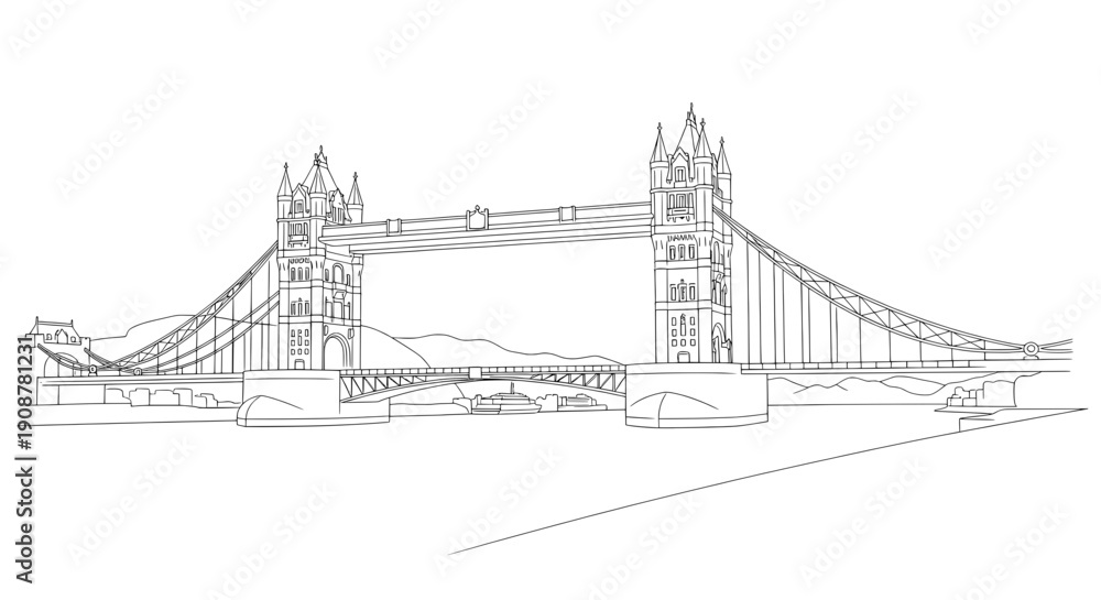 Obraz premium Detailed line drawing of London's Tower Bridge with suspension cables and spires