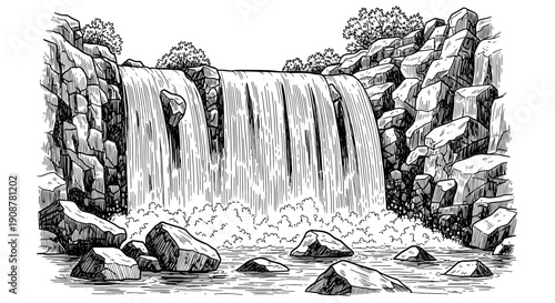 Black and white line drawing of a waterfall cascading down jagged rocky cliffs