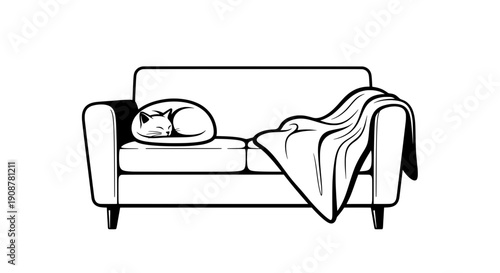 Minimalist line drawing of a sleeping cat curled on a curved couch with blanket