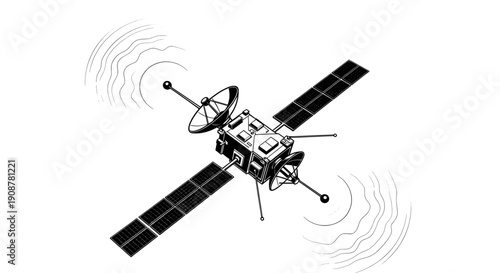 Minimalist line drawing of a satellite with solar panels and radiating waves