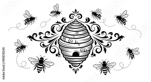 Vintage symmetrical beehive with six swirling bees in flight