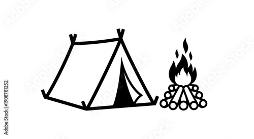 minimalist black and white line drawing of tent and bonfire with six flames