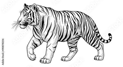 Minimalist black and white line drawing of a roaring tiger in side profile