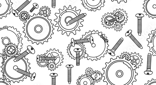 black and white coon gears screws nuts scattered on white