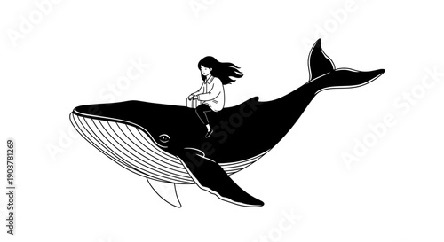 Girl riding whale tail with flowing hair and backpack in minimalist style