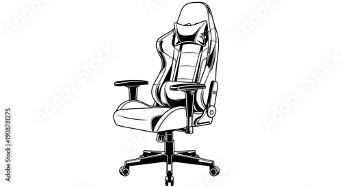 Modern black and white line drawing of an office chair with high backrest and wheels