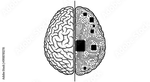 Black and white brain merging neural anatomy with electronic circuitry