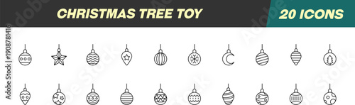 Collection of icons of Christmas Tree Toy for Advertisement. Suitable for books, stores, shops. Editable stroke in minimalistic outline style. Symbol for design