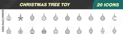 Collection of Line Signs of Christmas Tree Toy. Suitable for books, stores, shops. Editable stroke in minimalistic outline style. Symbol for design
