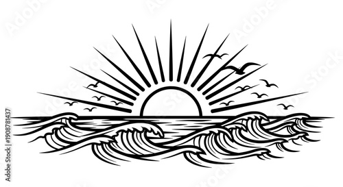 Minimalist black and white sunset with symmetrical sunburst over ocean waves