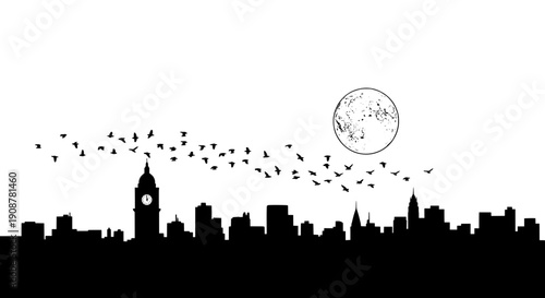 silhouetted city skyline with full moon and flying birds at night