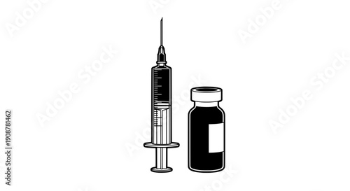 Black and white line drawing of a syringe and vial with a needle